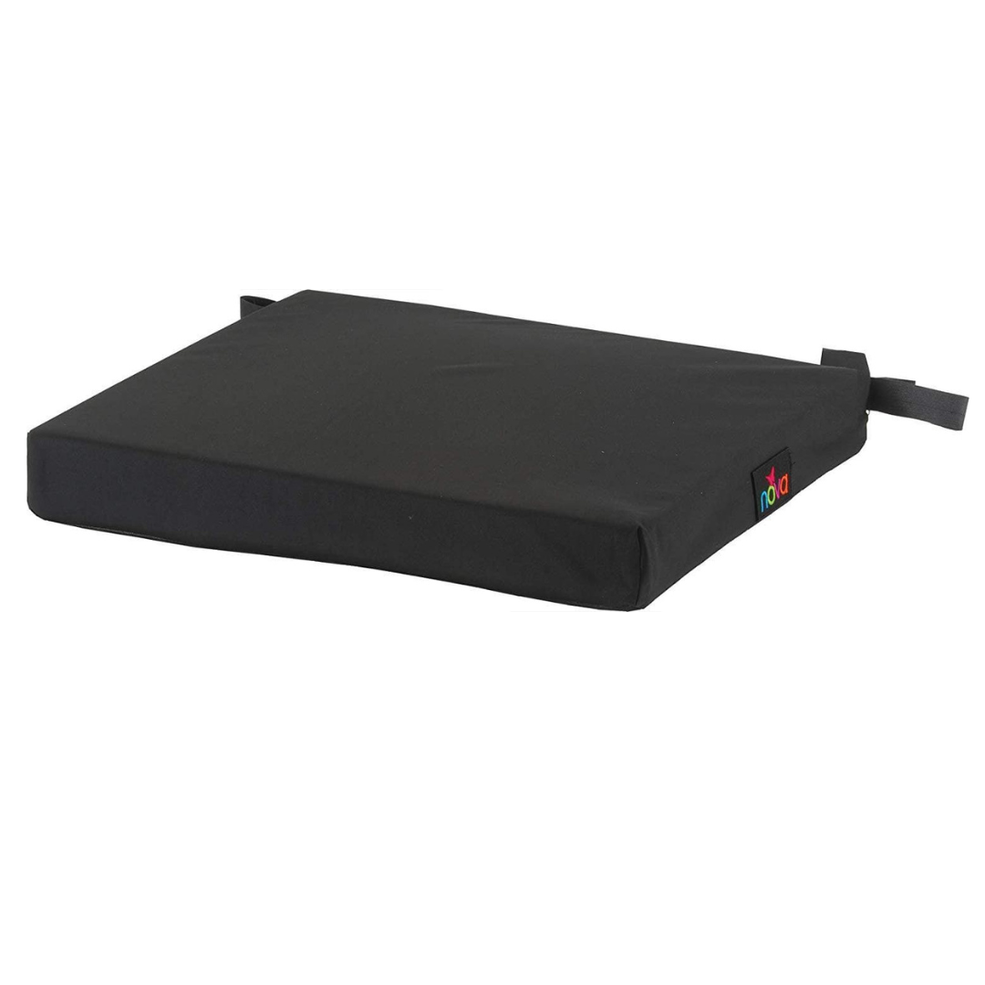 The Nova Gel & Memory Foam Mobility Cushion is a black, rectangular seat cushion with a fabric cover, gel memory foam padding, a side tag, and an attached strap—perfect for use as a wheelchair cushion.